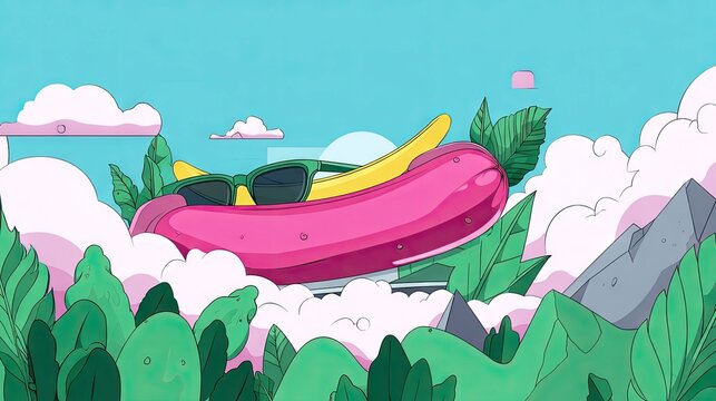 A cartoon illustration of a hot dog wearing sunglasses floating in the sky, surrounded by clouds, trees, and mountains. The image has a bright and playful style - Powered by Adobe