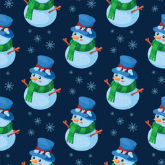 Vector seamless pattern with cartoon snowman on dark background.