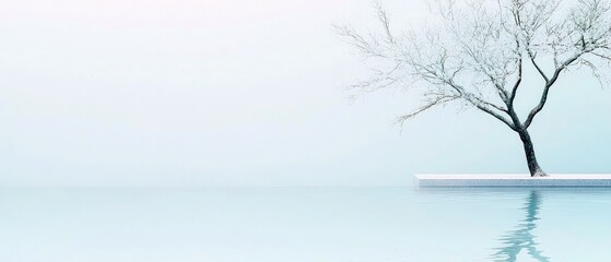 A minimalistic image featuring a bare tree standing next to water, with reflections, against a soft, light blue background. The scene evokes a sense of calm and