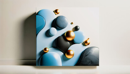 Blue and black stones with golden spheres on white background, modern geometric arrangement