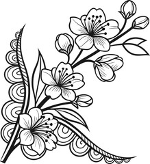 Blossom branch outline vector illustration. corner decor. 
