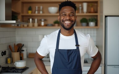 Happy black man in uniform standing in kitchen. High quality