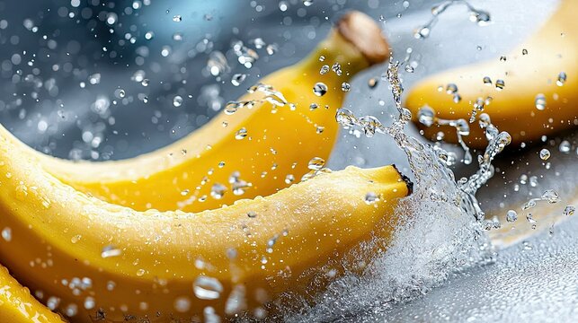 Close-up of bananas with water splashing around them, studio shot with dramatic lighting. - Powered by Adobe