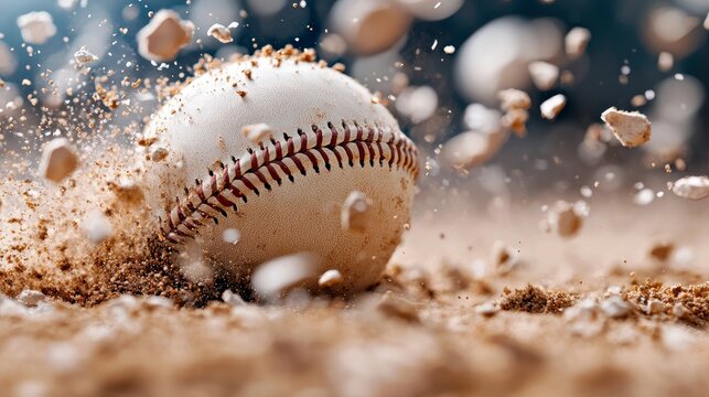 A baseball impacting the ground, creating a cloud of dust and debris. The image captures a moment of impact with dynamic action. - Powered by Adobe