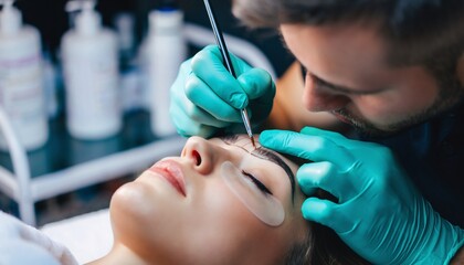 Beautician with green gloves meticulously performing eyebrow treatment on a woman in a professional beauty salon, concept for cosmetic services, personal care and beauty industry.