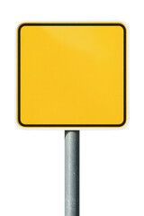 Blank yellow square road sign isolated on a metal pole background.