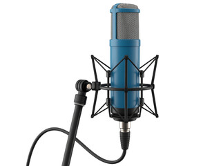 A blue studio condenser microphone on a stand, ready for recording sound.