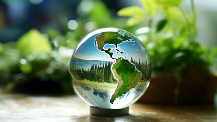 A small globe depicting the world rests in front of potted plants with lush greenery. The conveys themes of global awareness and nature.