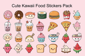 Cute kawaii food sticker pack with various sweet and savory items © Sadiadesigner