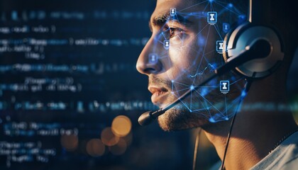 Focused man wearing a headset working on a glowing digital interface with data overlay in a dark room, concept for IT support, software development and cybersecurity.
