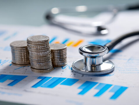 Stethoscope and stacks of coins on financial charts illustrating the relationship between healthcare costs and economic data analysis - Powered by Adobe