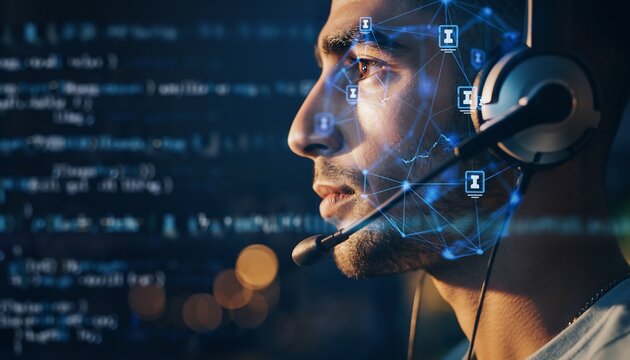 Focused man wearing a headset working on a glowing digital interface with data overlay in a dark room, concept for IT support, software development and cybersecurity.