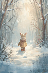 A dreamy pastel watercolour painting depicting a small fluffy rabbit with big eyes, wearing a knitted hat and scarf, coat and boots, walking alone through a quiet, fairy-tale snow-covered forest. 
