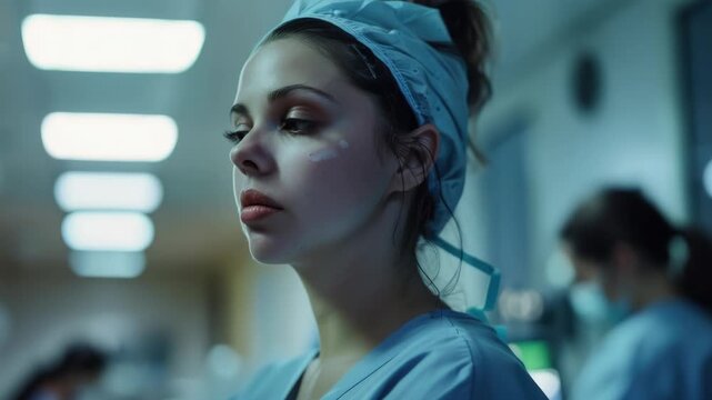 Portrait of an attentive female medical professional with a gentle expression and light makeup.