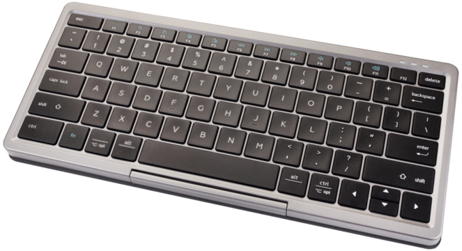 Angled view of a black and silver keyboard