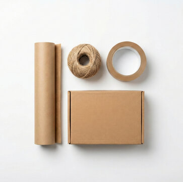 Eco kraft packaging series flat lay of eco packaging supplies kraft paper and twine