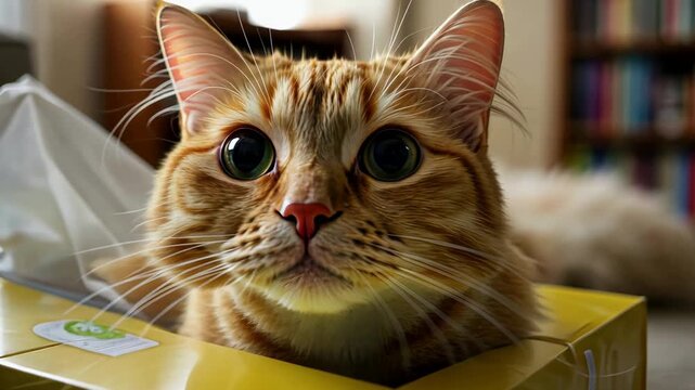 Curious cat exploring bright box indoors with playful expressions and wide eyes