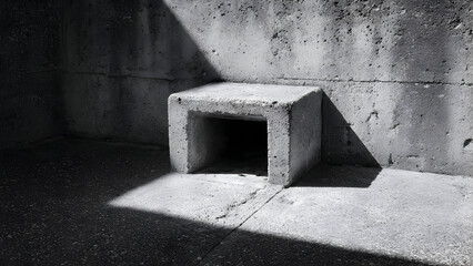 A vent box protruding from a concrete surface forming strong block-shaped shadows and sharp structural geometry