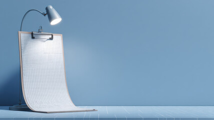 An illuminated notepad and a minimalist desk lamp, perfect for business and education. The clipboard holds a blank paper sheet ready for notes