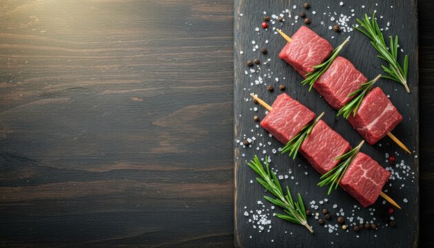 Raw beef meat cubes on wooden skewers prepared for grilling with fresh rosemary, coarse salt, and peppercorns on a dark rustic cutting board, top view - Powered by Adobe