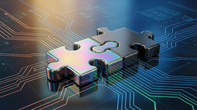 Two metallic puzzle pieces connecting over a digital circuit board with illuminated lines and reflections representing technology and integration Connection