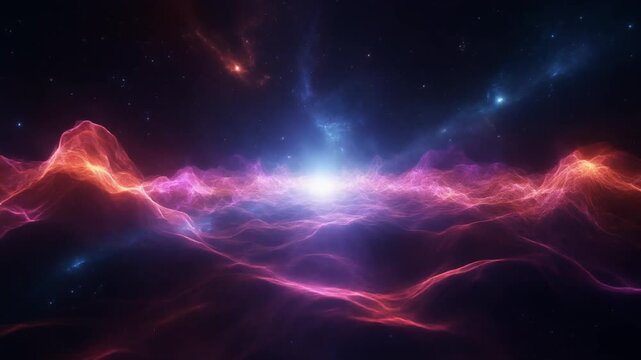 Cosmic Nebula with Bright Central Light and Glowing Pink Purple and Orange Clouds in Starry Sky