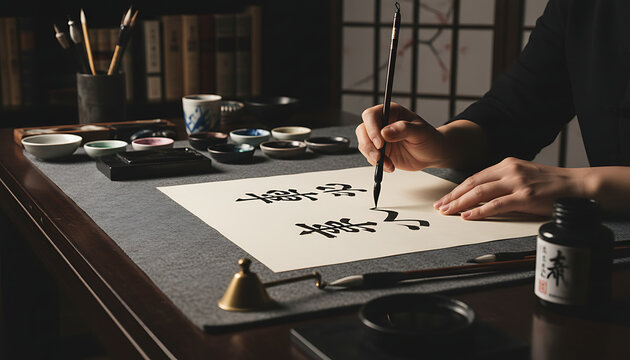 Artistic hand writing Chinese calligraphy on rice paper with brush and ink