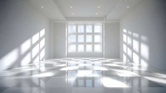 A white minimal room where square window grids create checkerboard-like light patterns across the floor