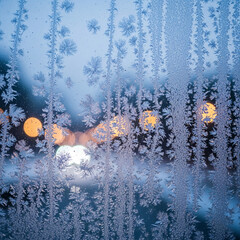 霜の結晶が浮かぶ水滴の窓