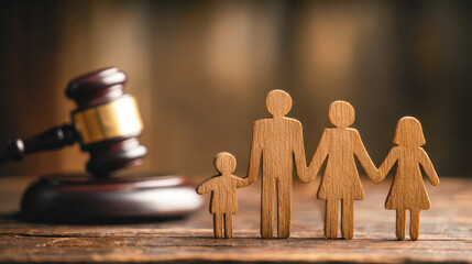 Wooden family figures holding hands next to a judge's gavel symbolizing family law, custody decisions, legal protection, and court rulings on a wooden surface