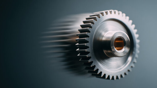 A close-up of a gear with motion blur, symbolizing industry and movement. The gear is shiny and metallic, with a blurred effect created to convey rapid motion. 