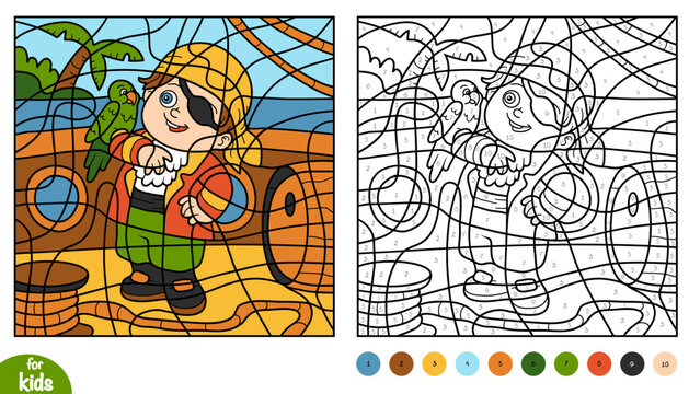 Cute pirate with parrot color by number page for kids. Fun and educational activity game for preschool and kindergarten children to learn numbers and colors. Tropical island and sea adventure