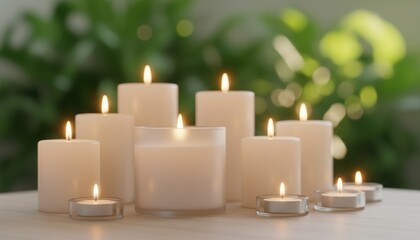 Several lit white pillar and tealight candles burning with a warm glow on a wooden table, creating a serene and relaxing spa atmosphere with a soft focus green background