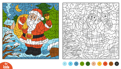 Cute Santa Claus with bell and gift bag color by number page for kids. Fun and educational activity game for preschool and kindergarten children to learn numbers and colors. Winter night scene