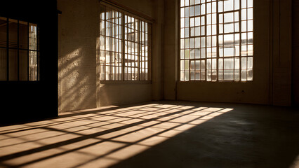 A wide industrial window grid creating layered light bands and geometric shadow stripes across the room