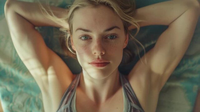 Close-up of a woman relaxing on a bed with her eyes closed, suggesting comfort or rest. Her face and upper body are visible.