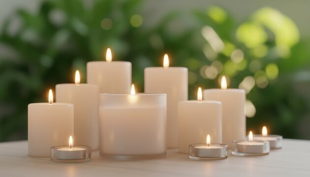 Several lit white pillar and tealight candles burning with a warm glow on a wooden table, creating a serene and relaxing spa atmosphere with a soft focus green background - Powered by Adobe