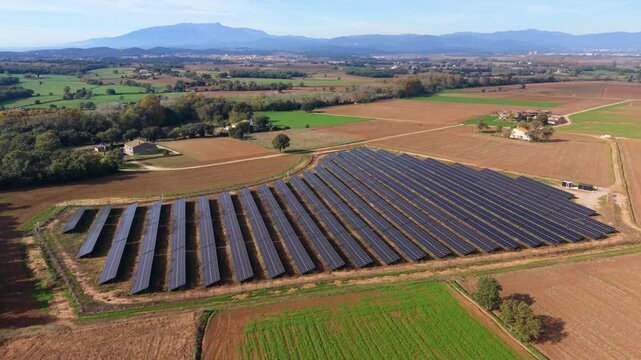 Aerial view of solar panels farm generating renewable energy