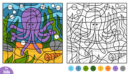 Color by number page with cute octopus on ocean landscape. Natural seabed background with seaweed. Educational activity game for preschool and kindergarten children to learn numbers and colors