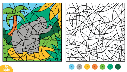 Cute elephant on African background color by number page for kids. Fun and educational activity game for preschool and kindergarten children. Square picture to learn numbers and colors