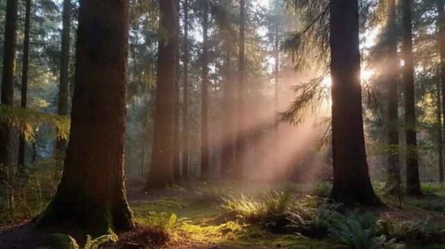 soft sunrise light through forest trees Video Background