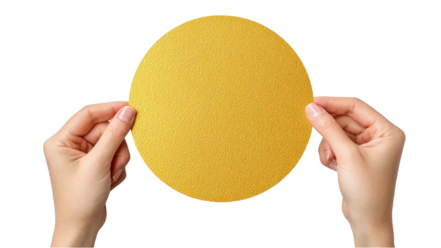 Hands Holding Blank Gold Circle: Mockup for Design and Text