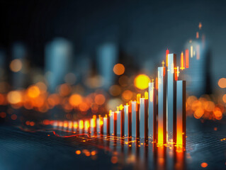 Digital futuristic financial chart showing rising statistics with glowing bars and candlestick indicators against a blurred cityscape background at night