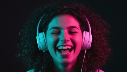 Joyful young woman with curly hair listening to music on white headphones with her eyes closed, laughing happily in vibrant neon light on a dark background