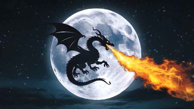 Fire-Breathing Dragon Silhouette Over Moon