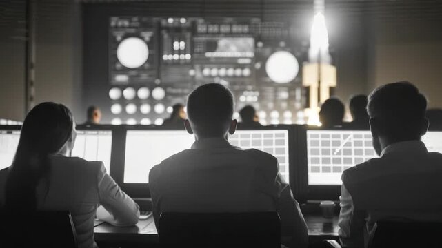 Three astronauts in a spacecraft control center with screens and instruments.