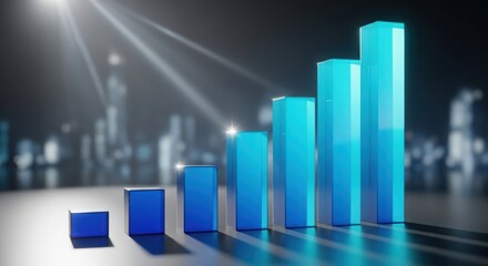 An illuminated threedimensional bar graph ascends high above bustling city streets and buildings