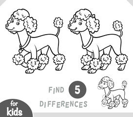 Cute poodle dog character wearing a collar. Spot the differences game for preschool and kindergarten kids. Black and white activity page about dog breed