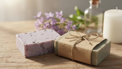 Two handmade lavender and herbal soap bars, one wrapped in craft paper with twine, sit on a wooden table with blurred flowers and a candle in soft natural light