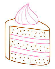 Piece of chocolate cake with a cream in bold colorful outline. Flat vector illustration isolated on white background. Fun dessert coloring page for kids books. Easy activity worksheet